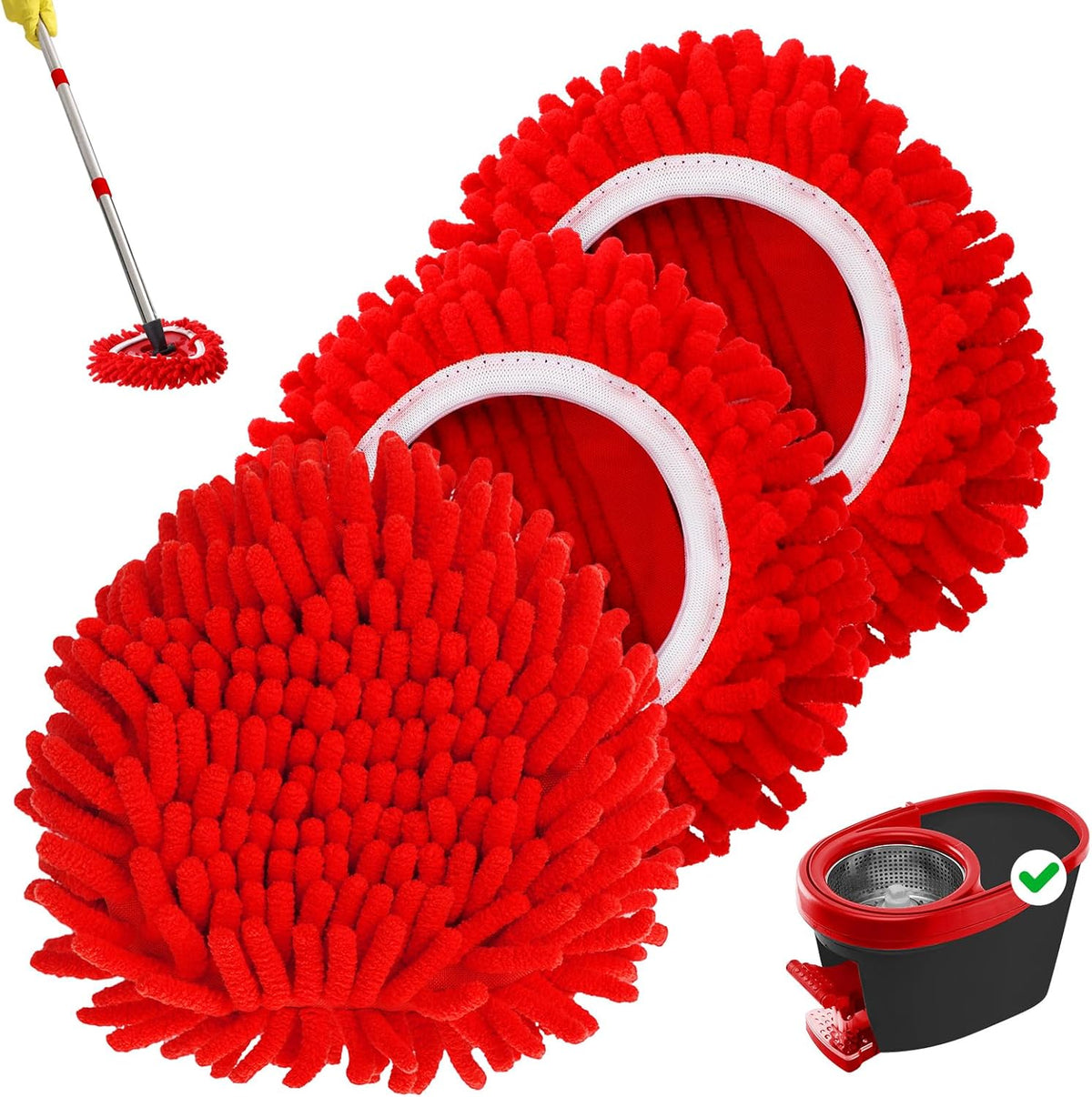 Baderke 3 Pack Chenille Mop Heads Replacements front view showing three red microfiber pads.