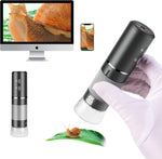 Cainda 4K WiFi digital microscope camera front view showing adjustable focus wheel and metal stand.