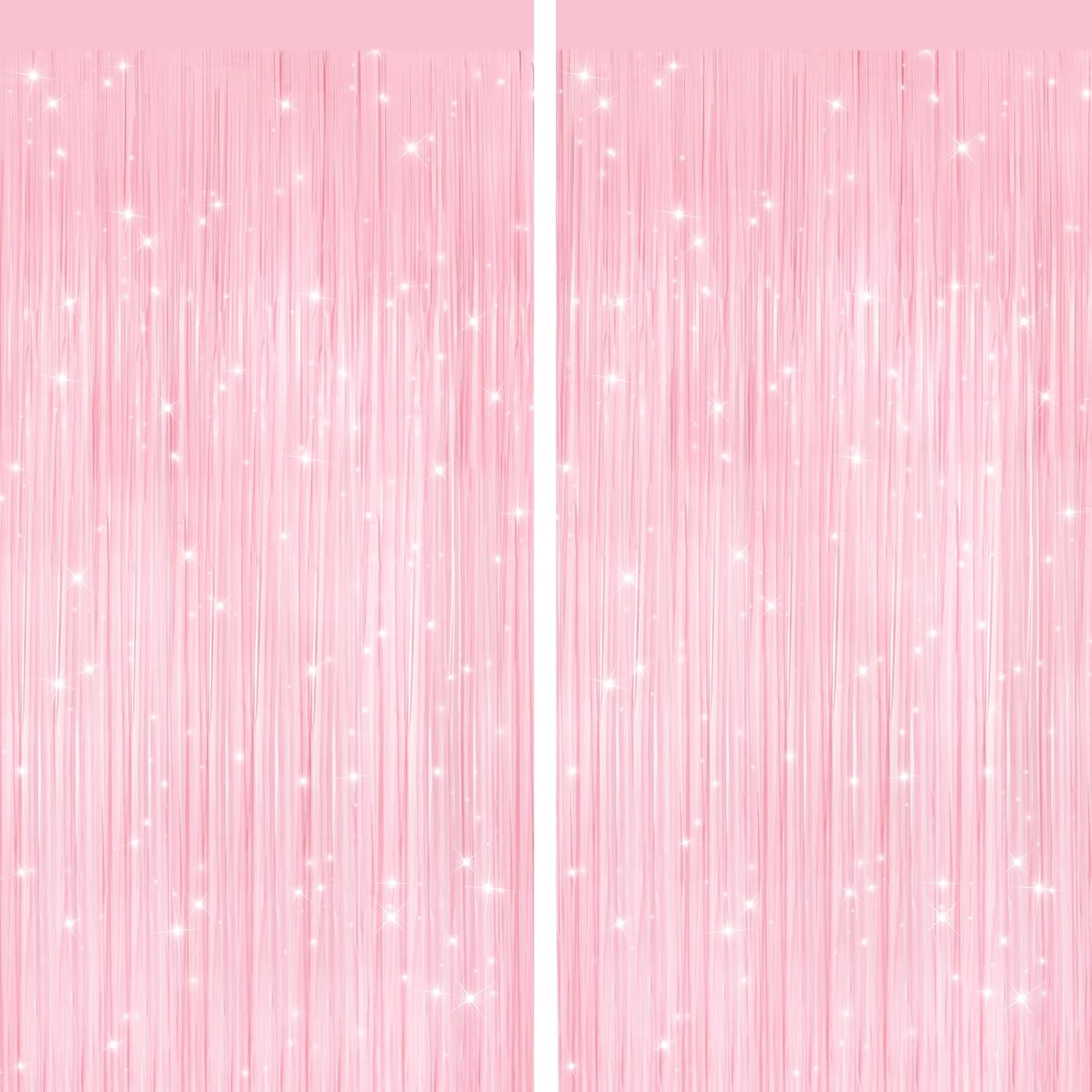 Patypire pastel pink metallic tinsel foil fringe curtains front view hanging on a doorway