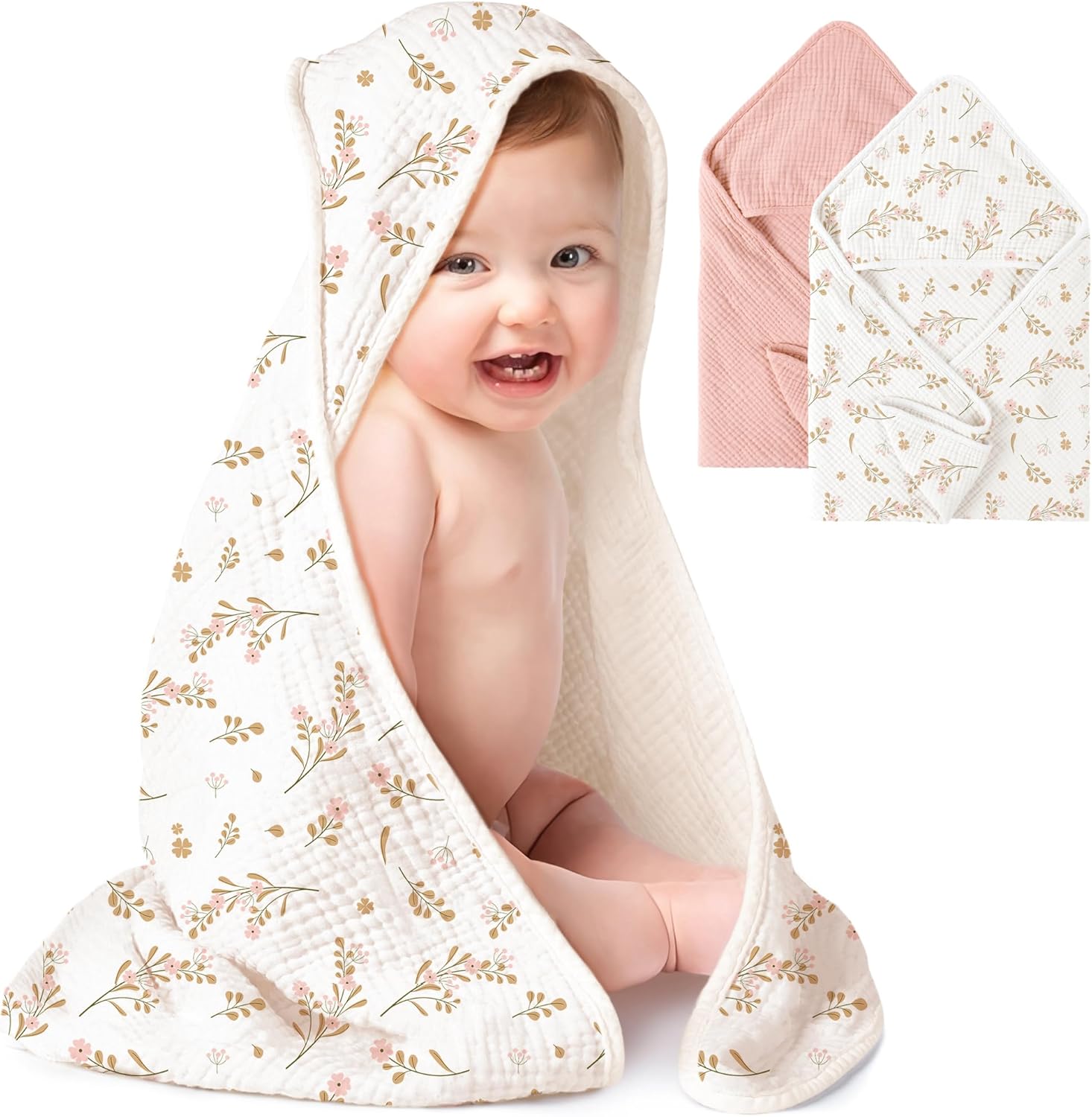 Konssy 2-Pack Muslin Hooded Baby Towels front view in pink floral pattern