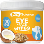 Paw Science Dog Eye Wipes 100 count front view packaging for pet tear stain removal.