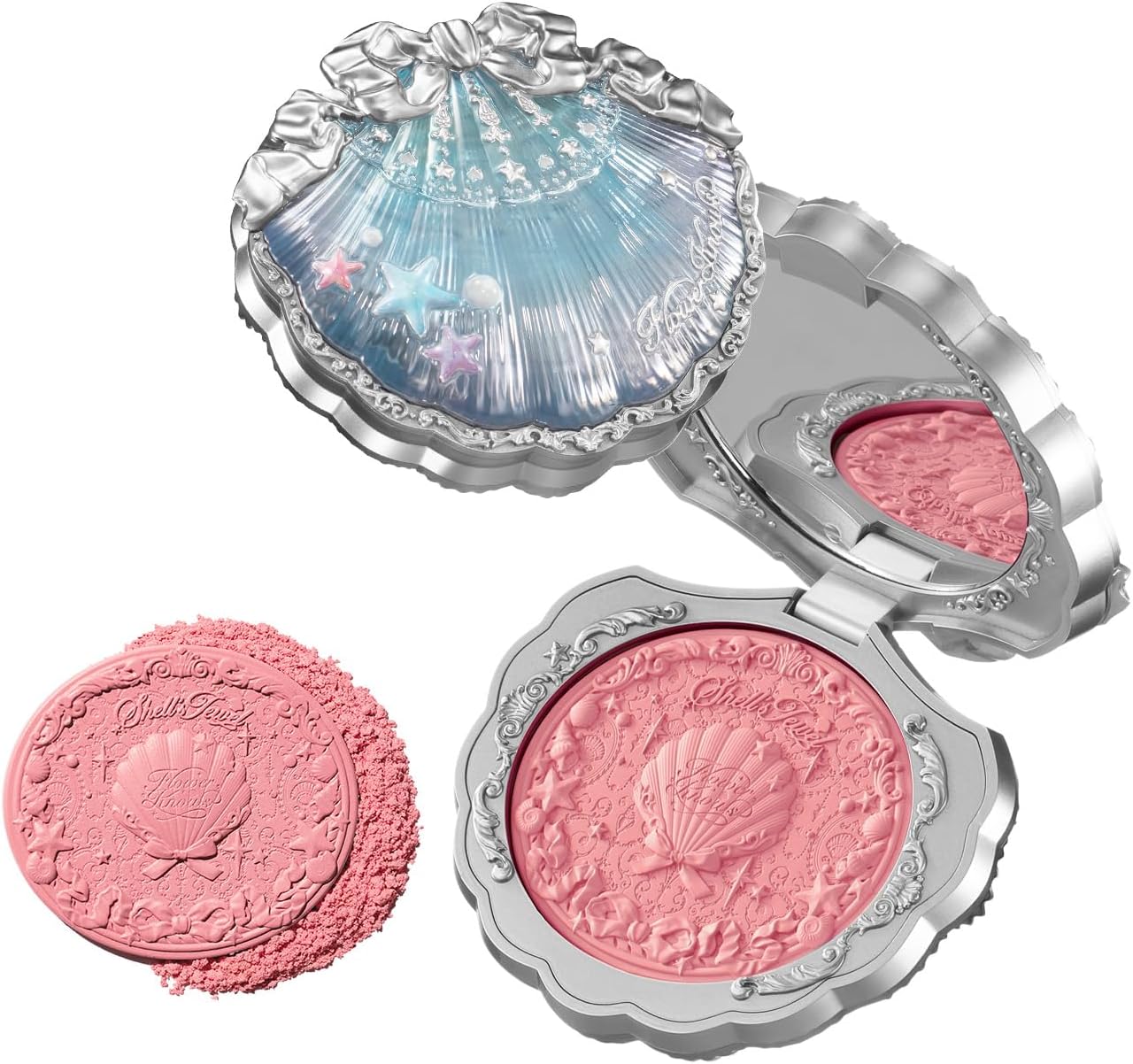 Flower Knows Shell's Jewel Silk Satin Blush front view of holographic compact.