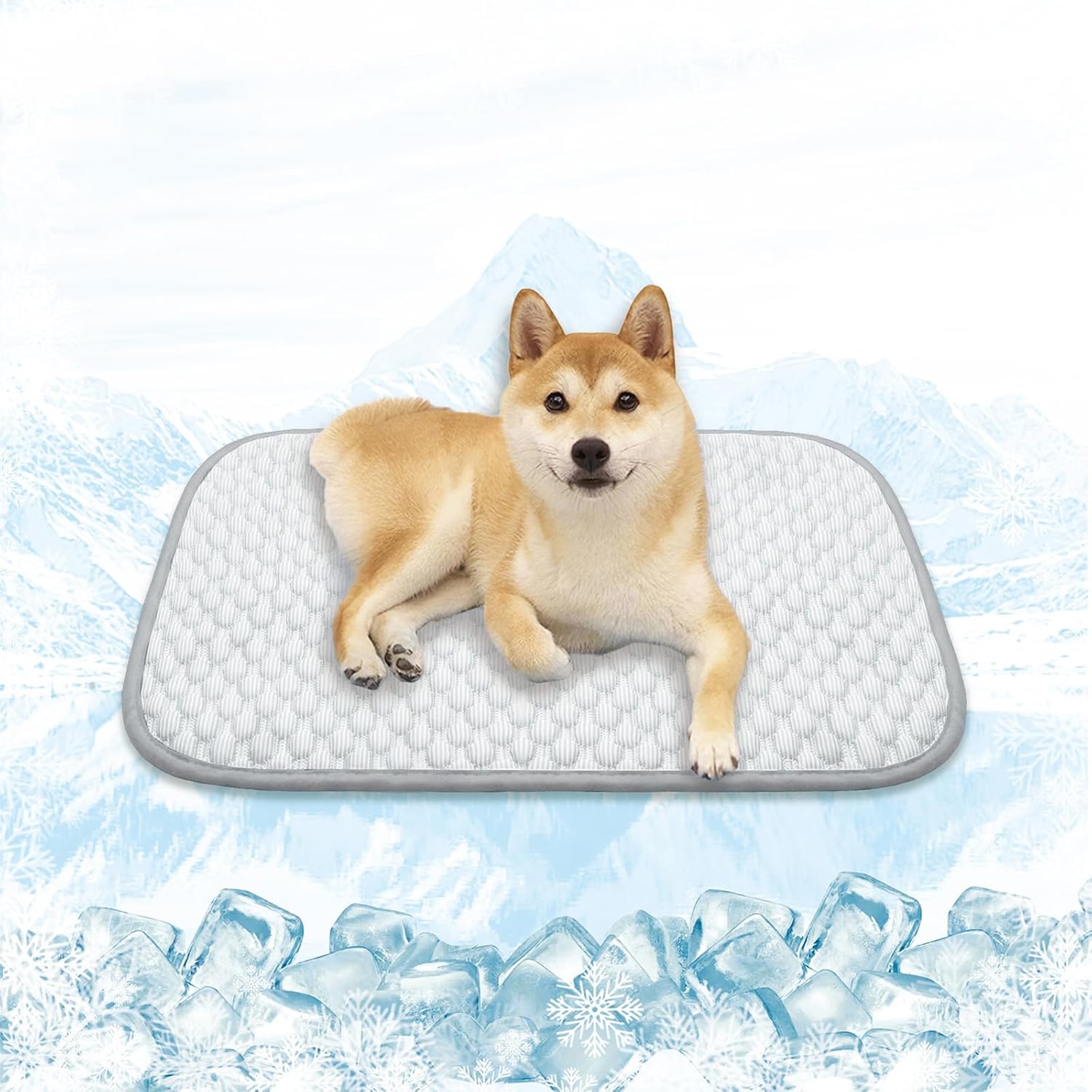 MICROCOSMOS pet cooling mat front view displaying the grey and white quilted texture for summer dog care.