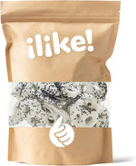 Top view of ILIKE white chocolate pretzels with black nonpareils