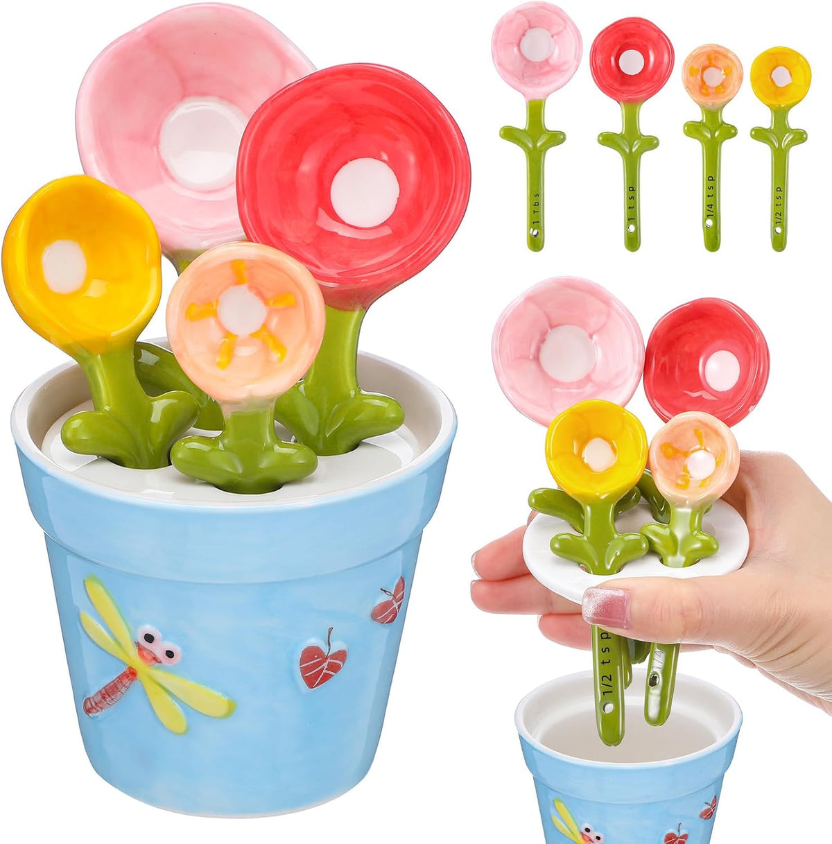 Ubamdom flower measuring spoons set in pot front view blue kitchen accessory