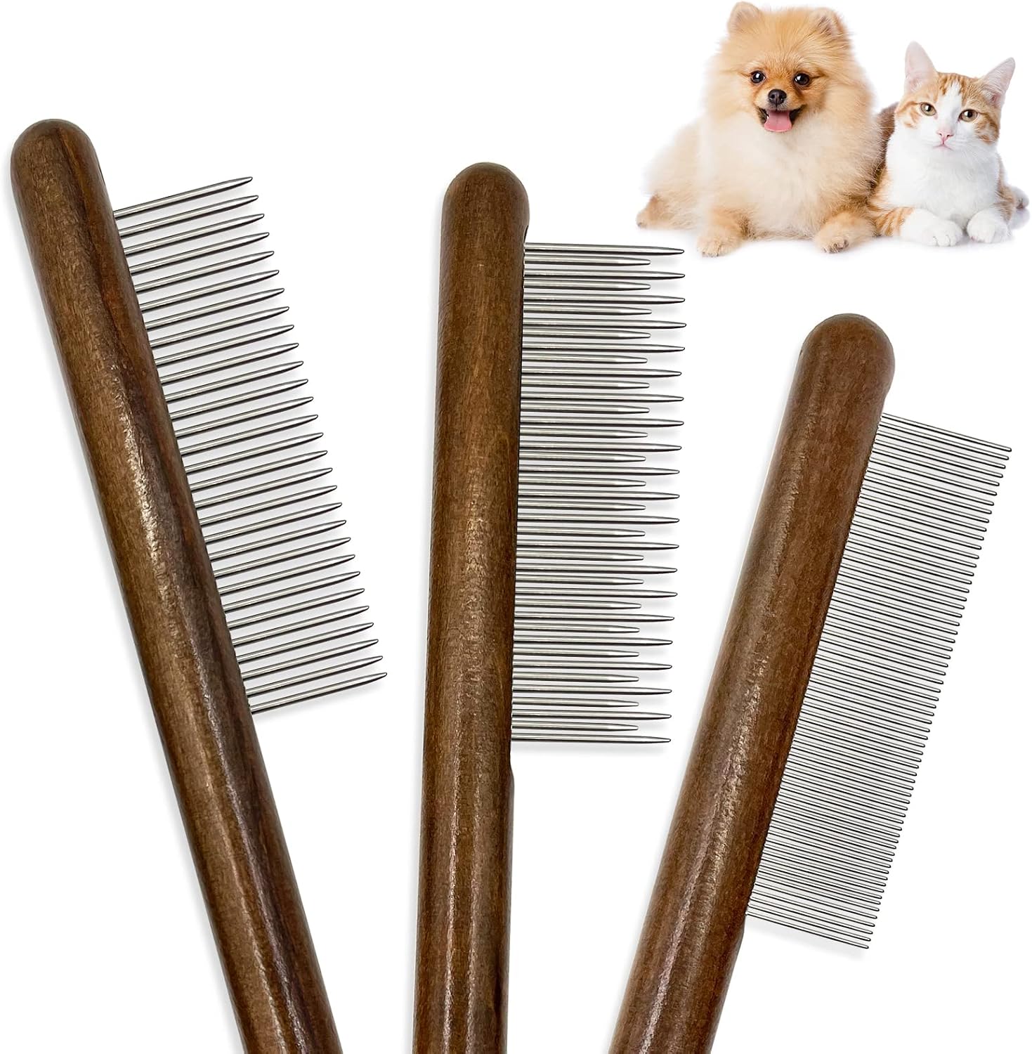 ZKKZOMA solid wood cat combs three pack front view showcasing the natural wooden handles.