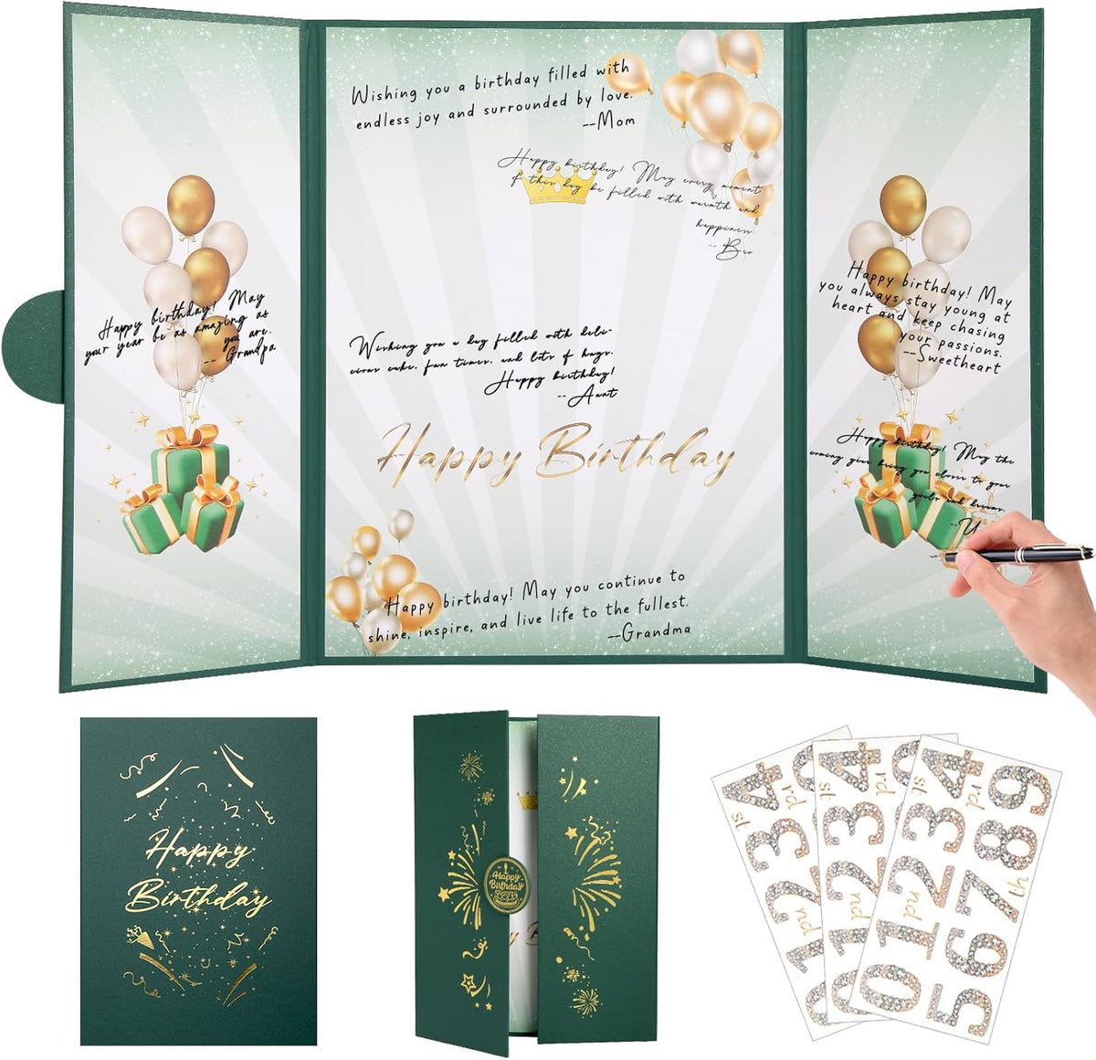 Tiacabo green and gold birthday guest book front cover design