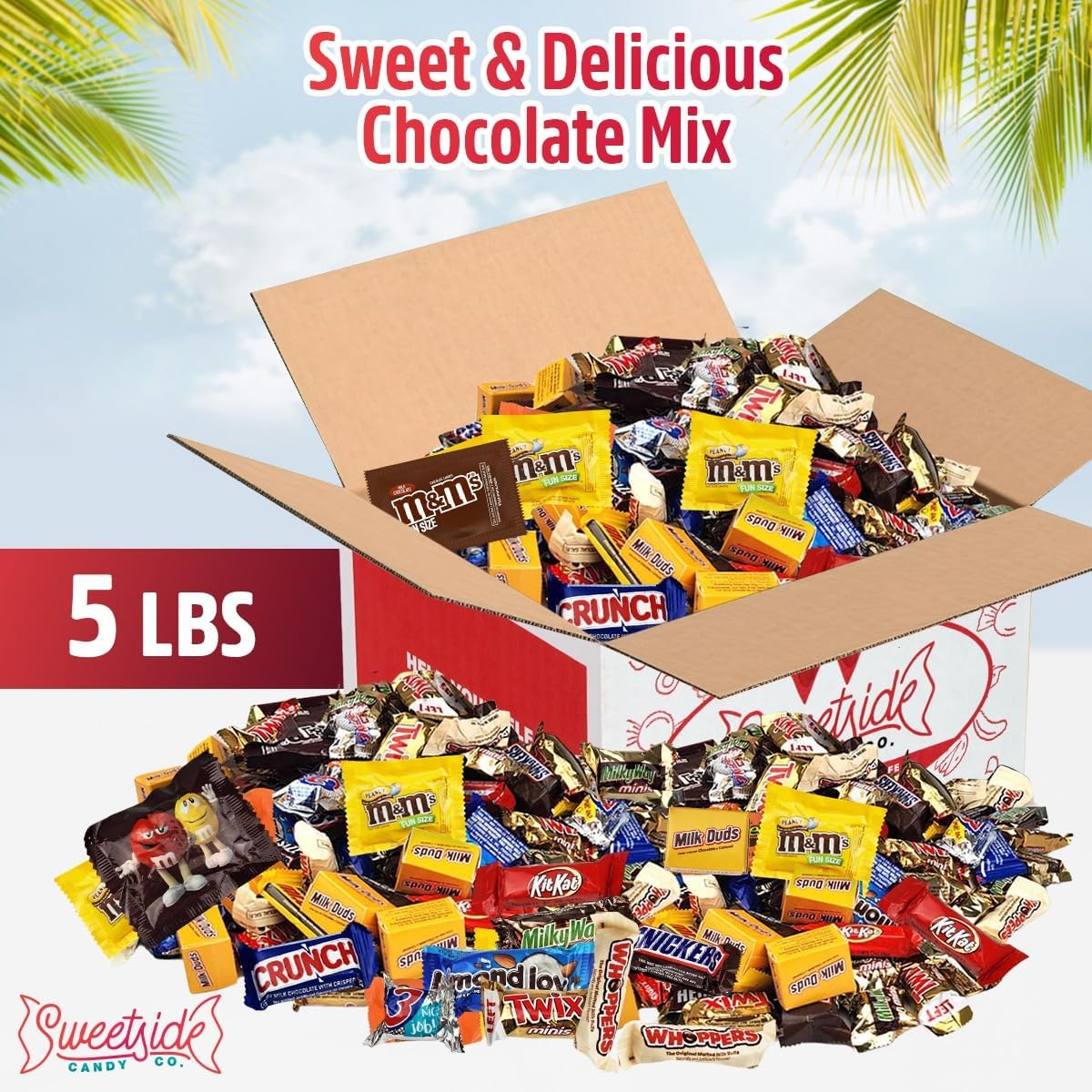 Assorted bulk chocolate mix showcasing individually wrapped snack size miniatures from the Sweetside Candy Co. package.