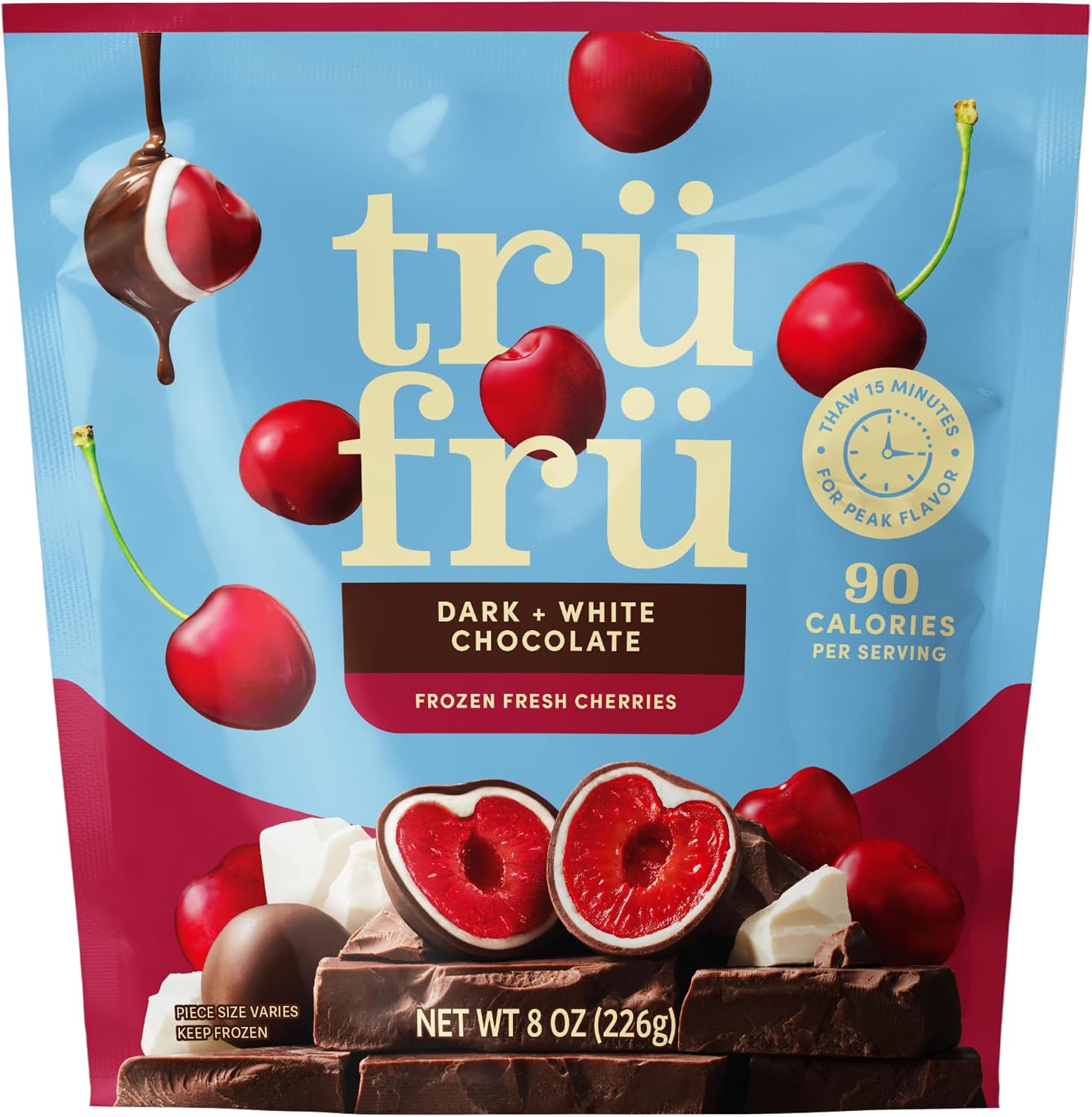 Tru Fru Dark and White Chocolate Cherries 8 Ounce bag front view