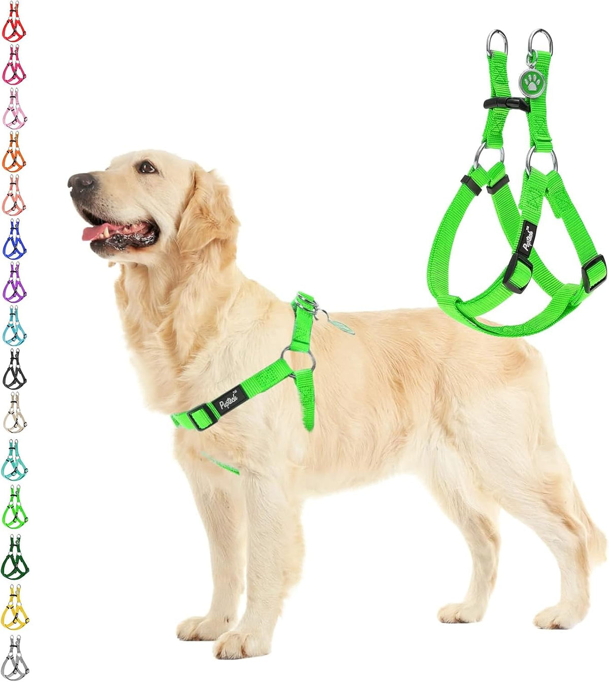 PUPTECK dog harness front view showing lime green step-in design