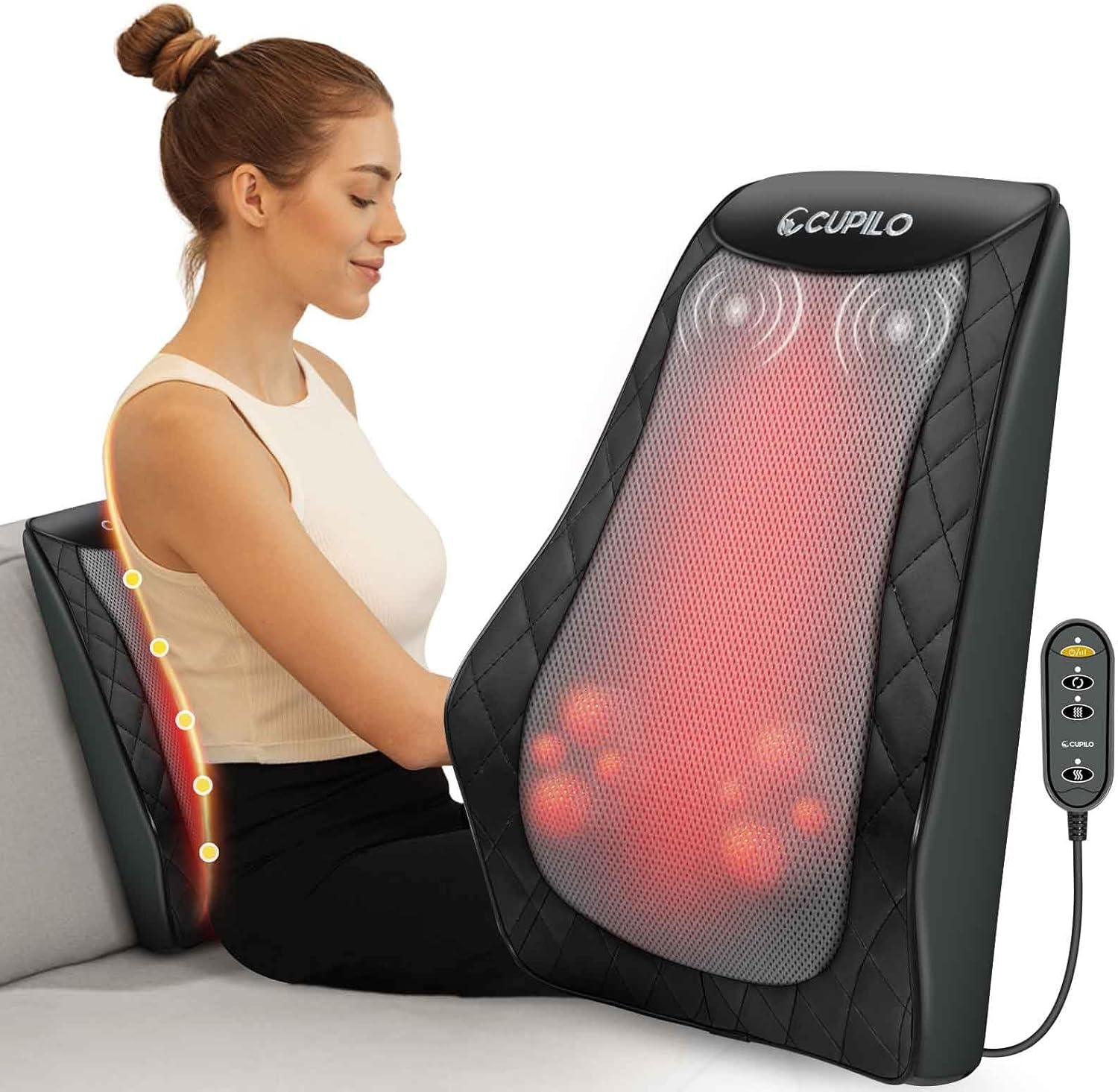CuPiLo Shiatsu Back and Neck Massager front view showcasing the ergonomic design and mesh fabric panel.