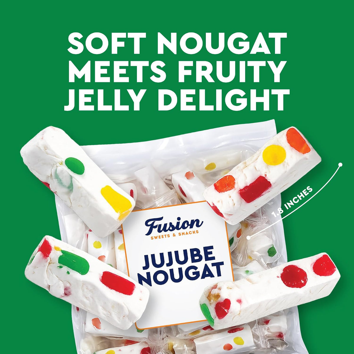 Creamy white milk nougat candy with visible fruit jelly pieces