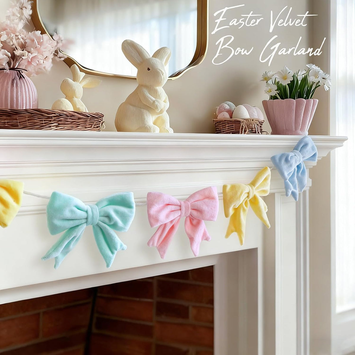Generic Oriental Cherry pastel velvet bow garland front view hanging on a living room fireplace mantel.