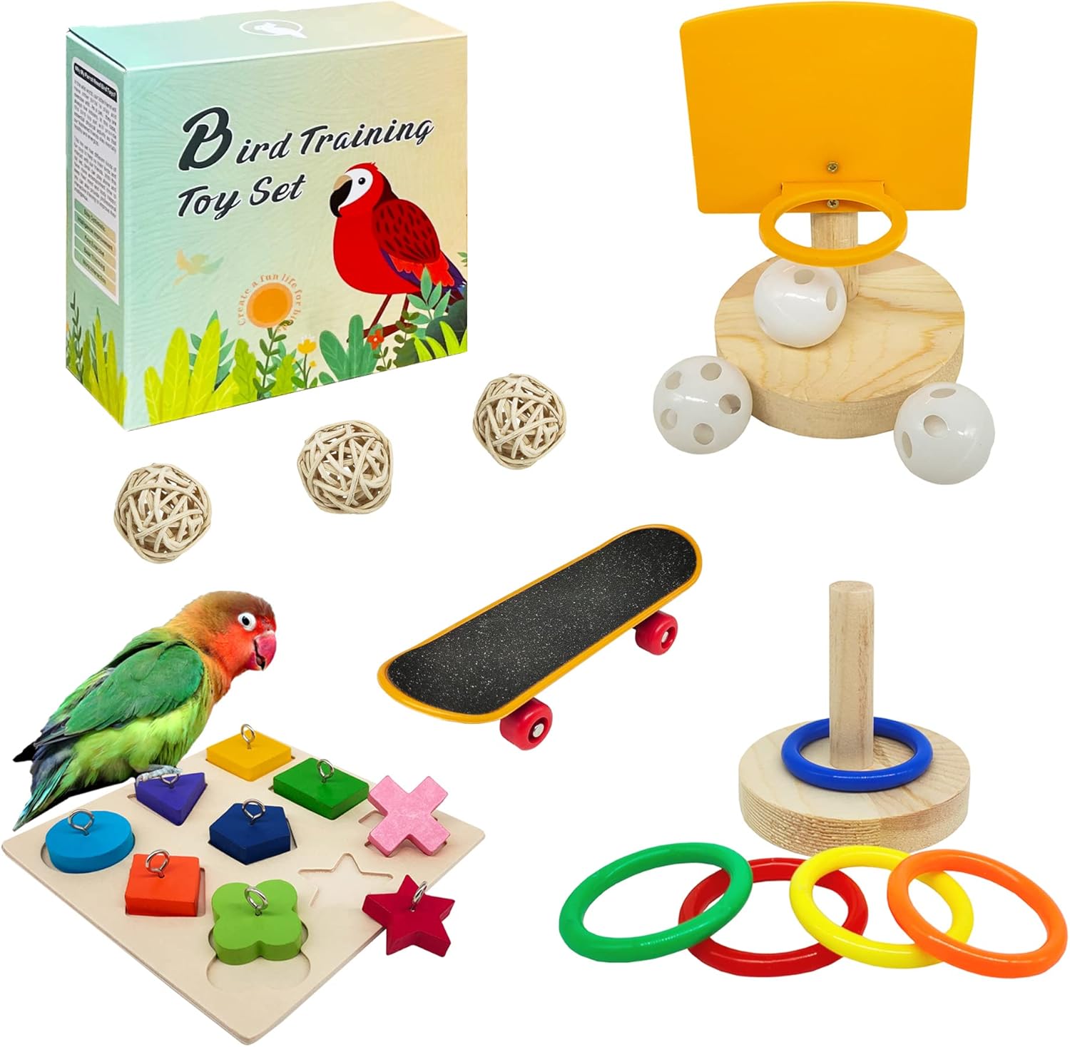 YUESUO bird training toy set front view showing package box with full intelligence accessories