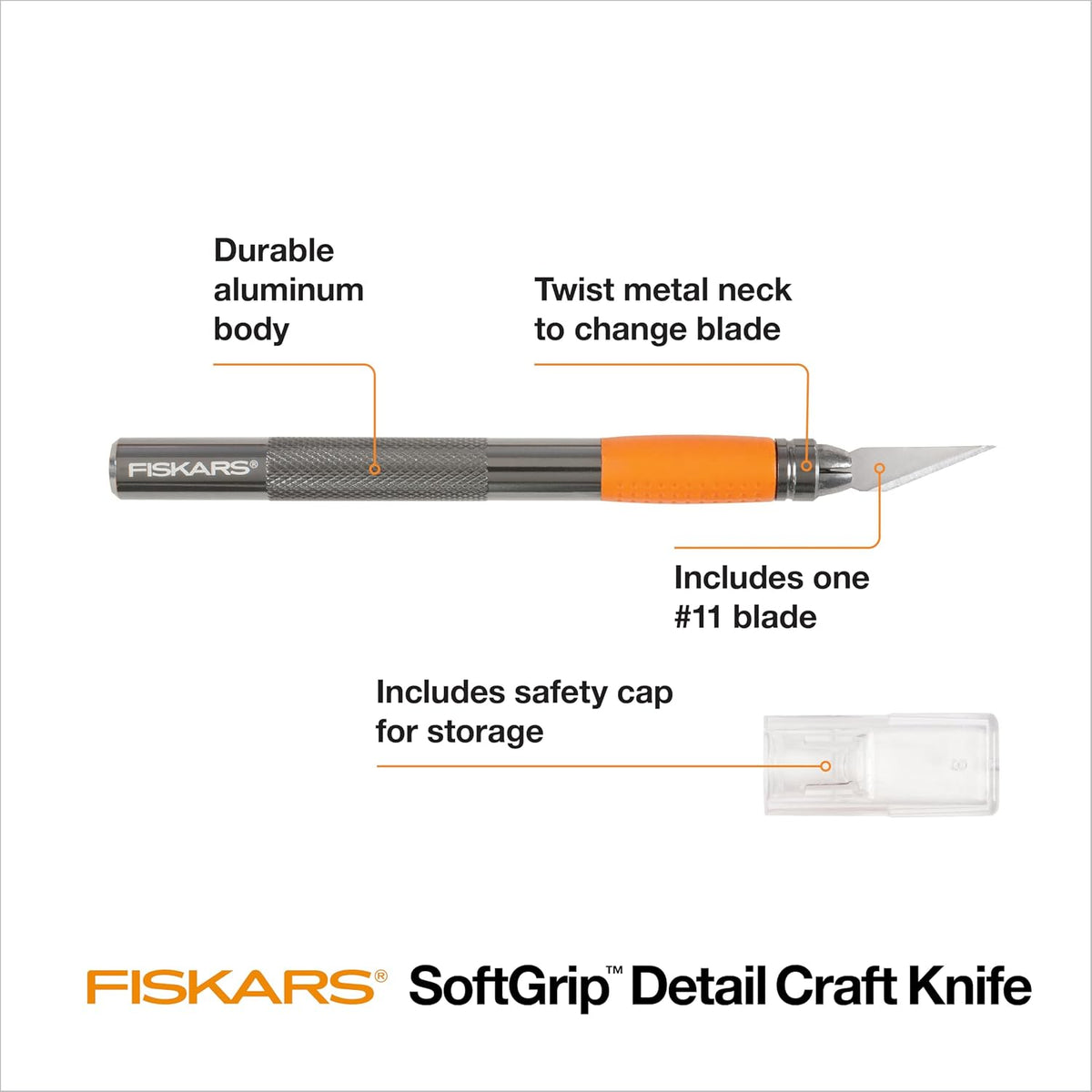 Fiskars hobby utility knife with SoftGrip handle point on white background