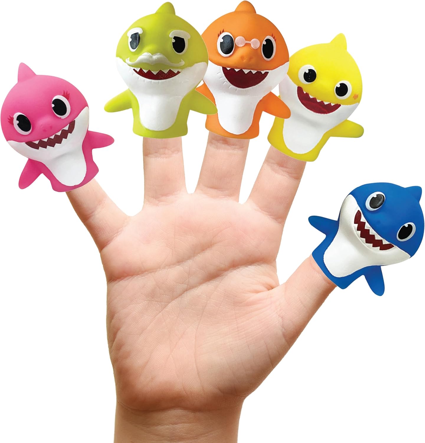 Ginsey Nickelodeon Baby Shark Five Piece Finger Puppet Set front view showing all five colorful family characters.