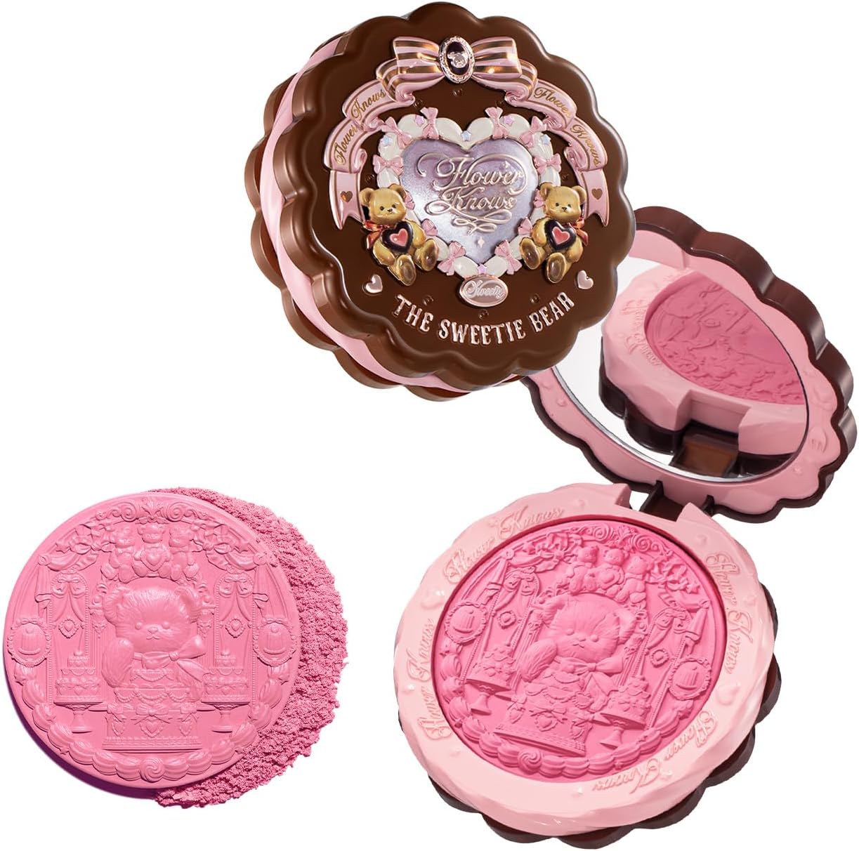 Flower Knows Sweetie Bear Silk Satin Blush 04 Berry Parfait compact front view showing the intricate bear biscuit design.