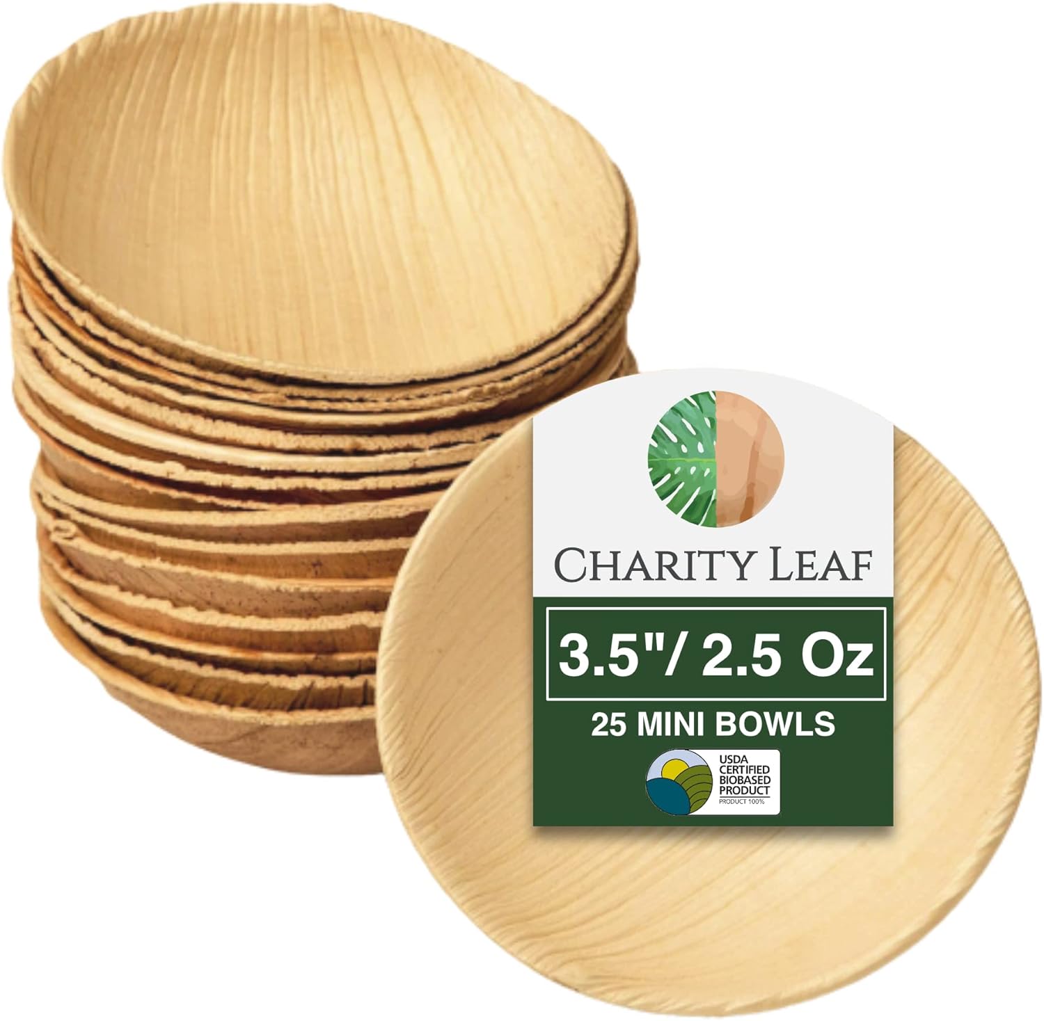 Charity Leaf Disposable Palm Leaf 3.5 Inch Round Mini Bowl front view for eco-friendly dipping