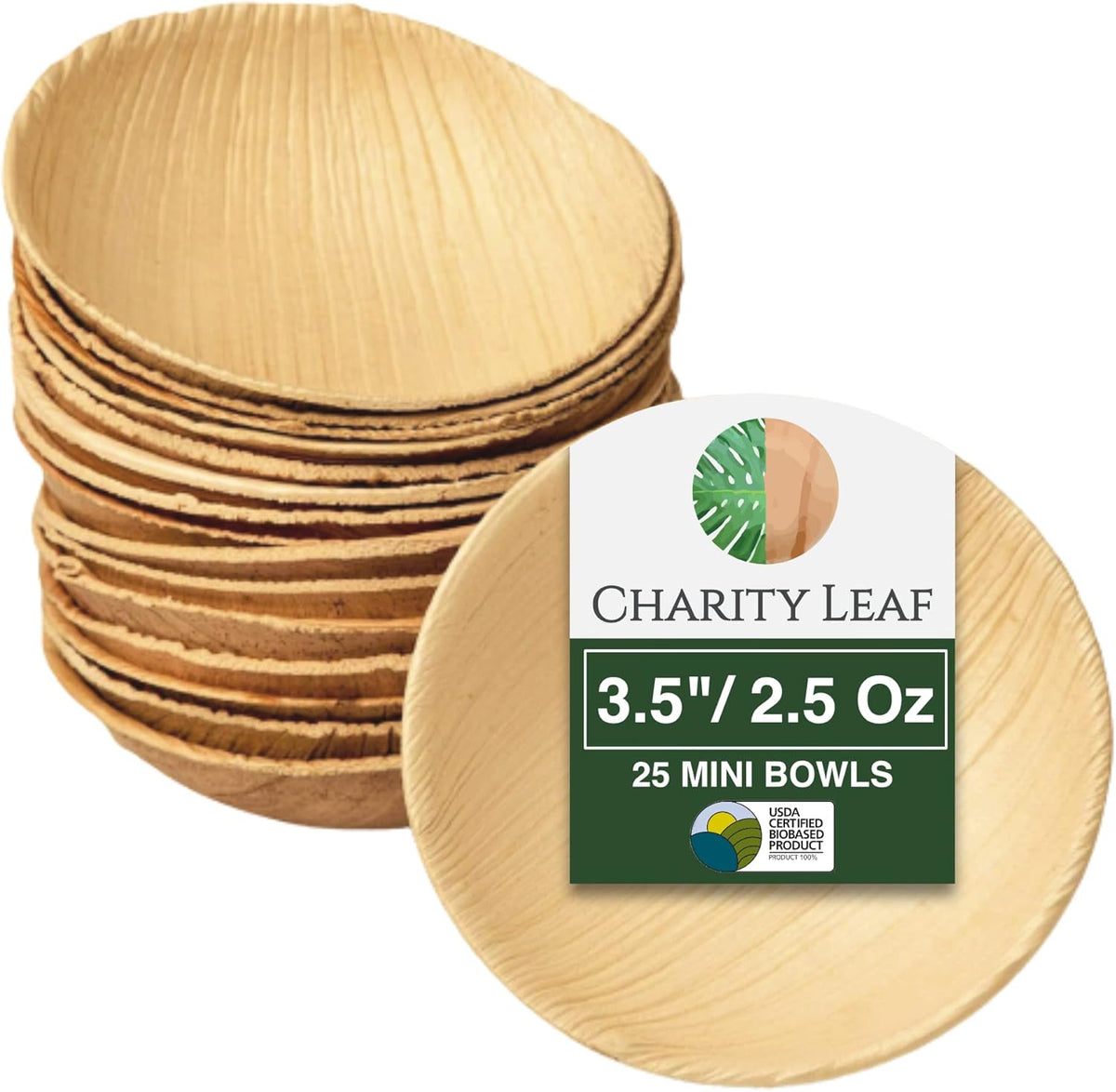 Charity Leaf Disposable Palm Leaf 3.5 Inch Round Mini Bowl front view for eco-friendly dipping