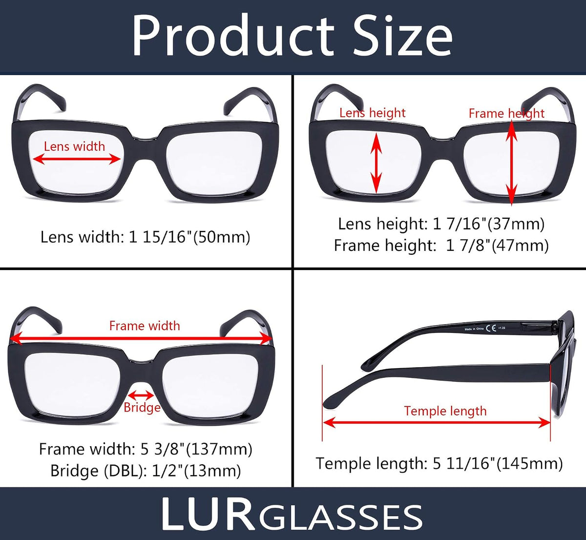 LUR stylish oversized square glasses close-up on temple arm detail