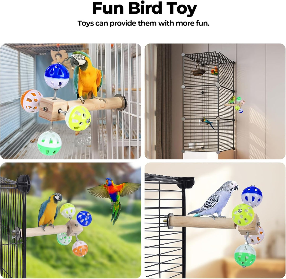 Small parakeet resting on the natural wood platform of the rotating ball toy.