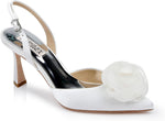 Badgley Mischka Carlise front view of white satin pumps with rosette detail