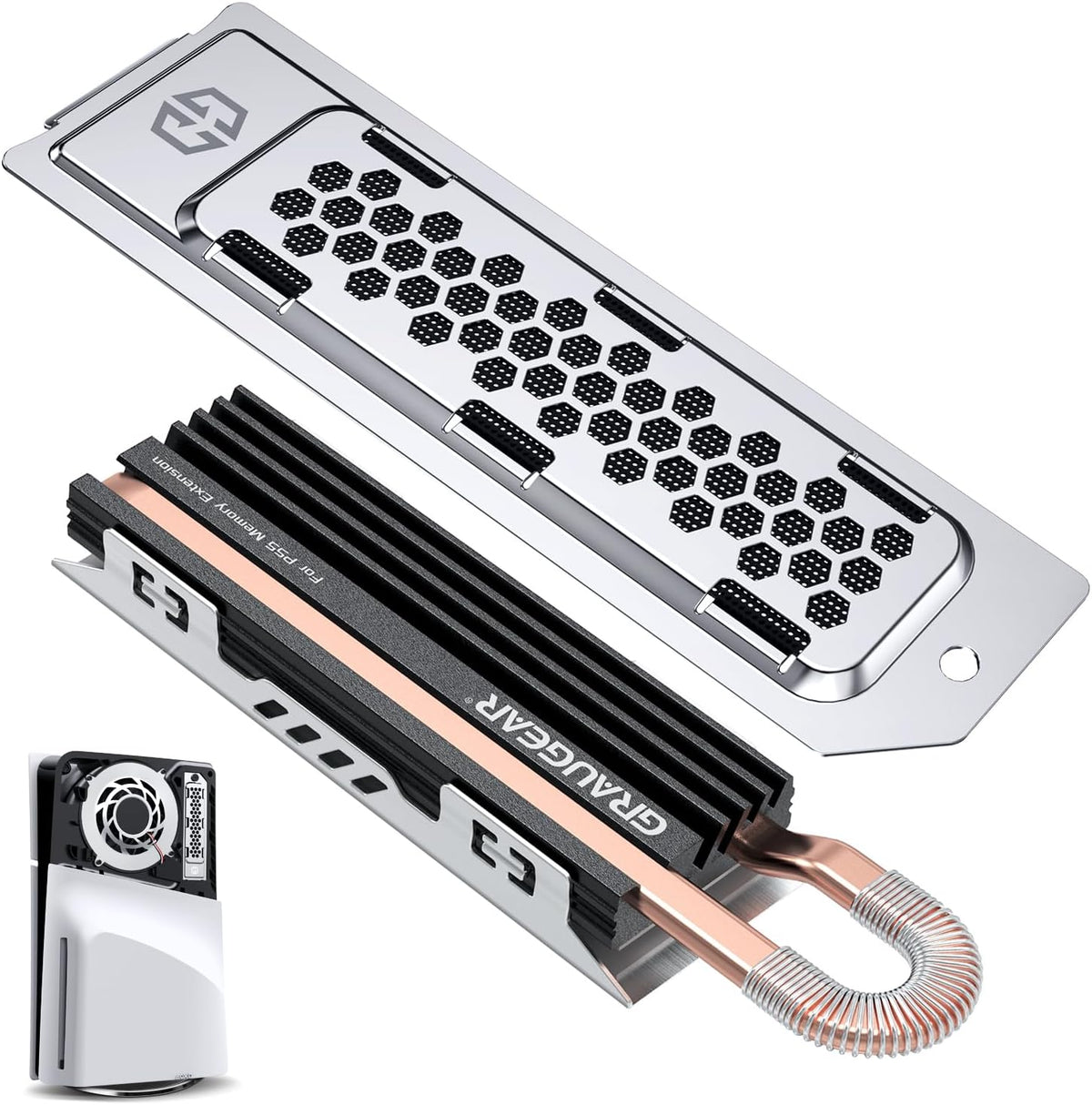 GRAUGEAR PS5 Pro and Slim SSD heatsink cover set showing front view of the metal plate and copper heat pipe