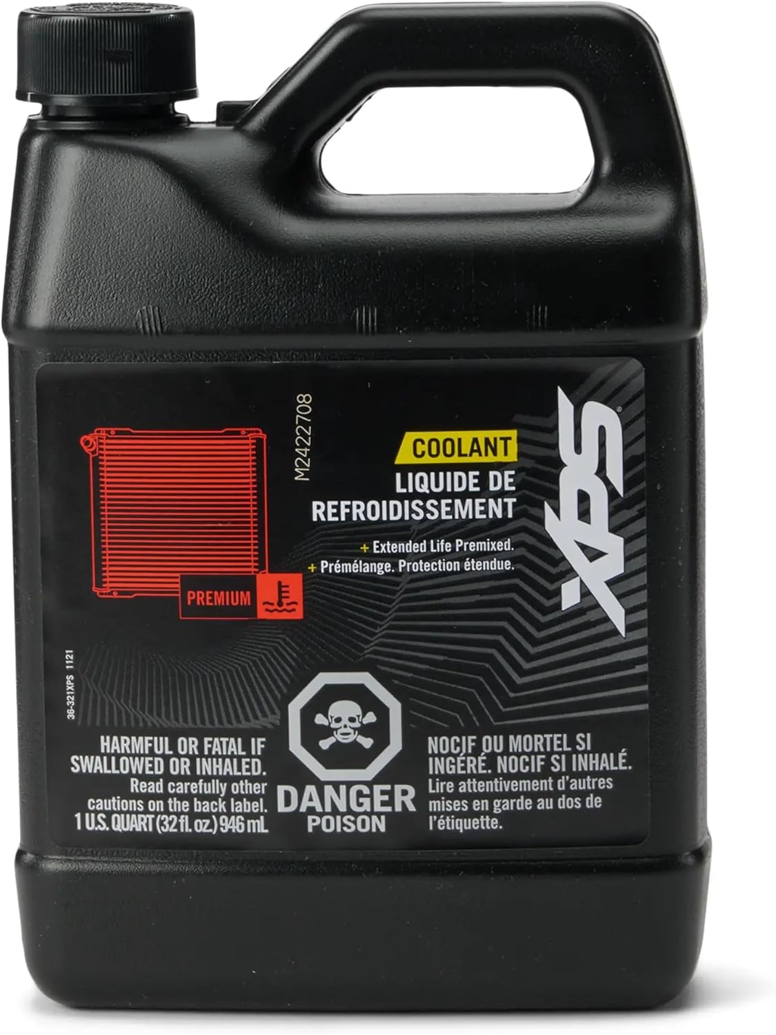 Ski-Doo Can-Am OEM XPS Extended Life Pre-Mixed Coolant front view of 1 quart bottle showing orange formula branding.