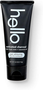 Back of Hello charcoal fluoride toothpaste packaging with ingredient details