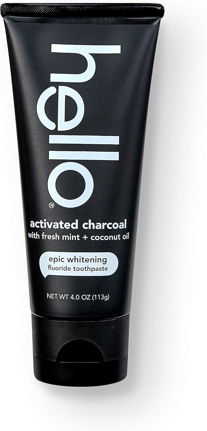 Back of Hello charcoal fluoride toothpaste packaging with ingredient details