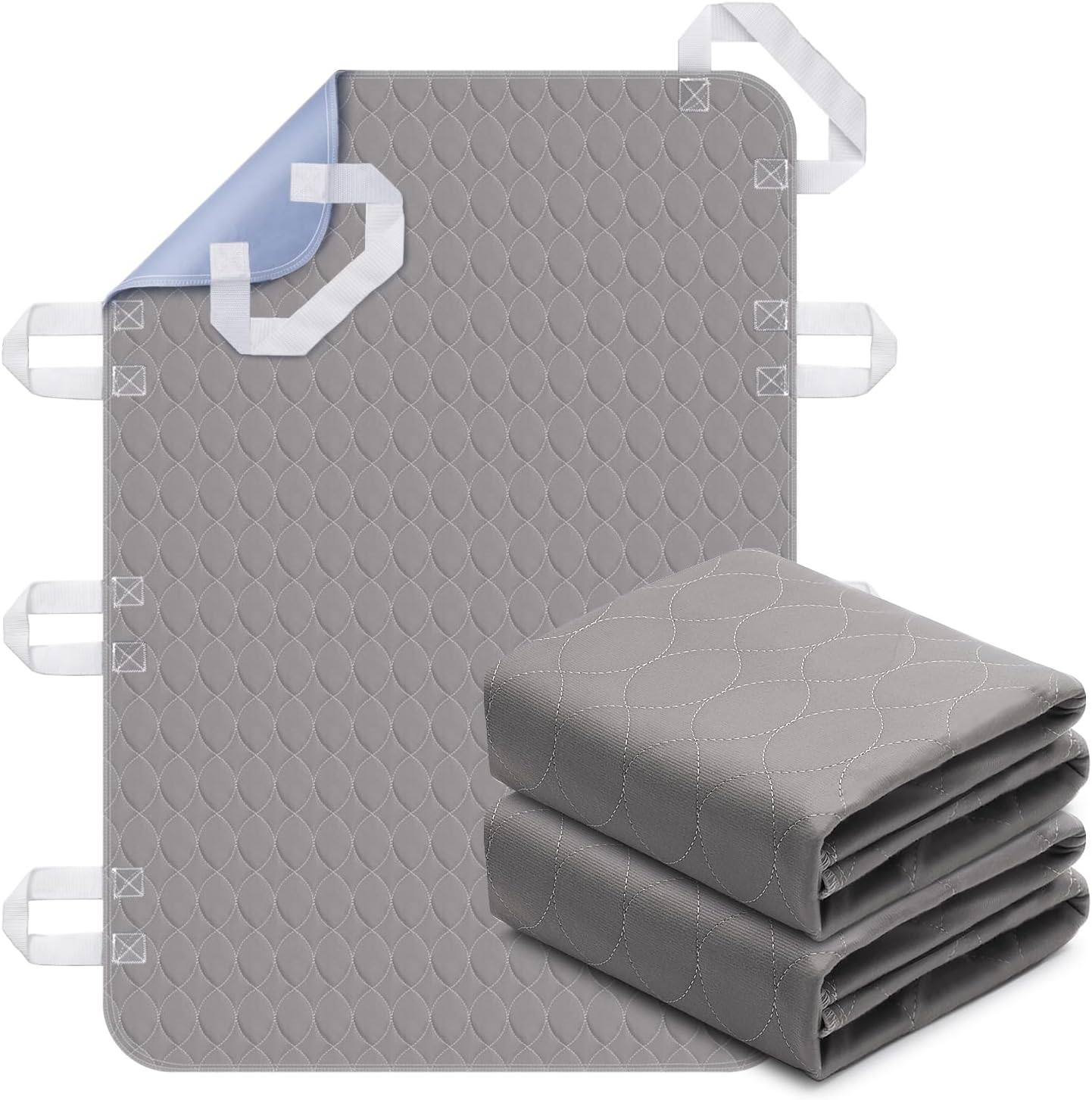 2 Pack Positioning Bed Pad with Handles, 8 Sturdy Handle Washable Bed Pads for Incontinence, Waterproof, Reusable Underpads for Elderly Hospital Home Care, Grey, 36”×52” - Image 1