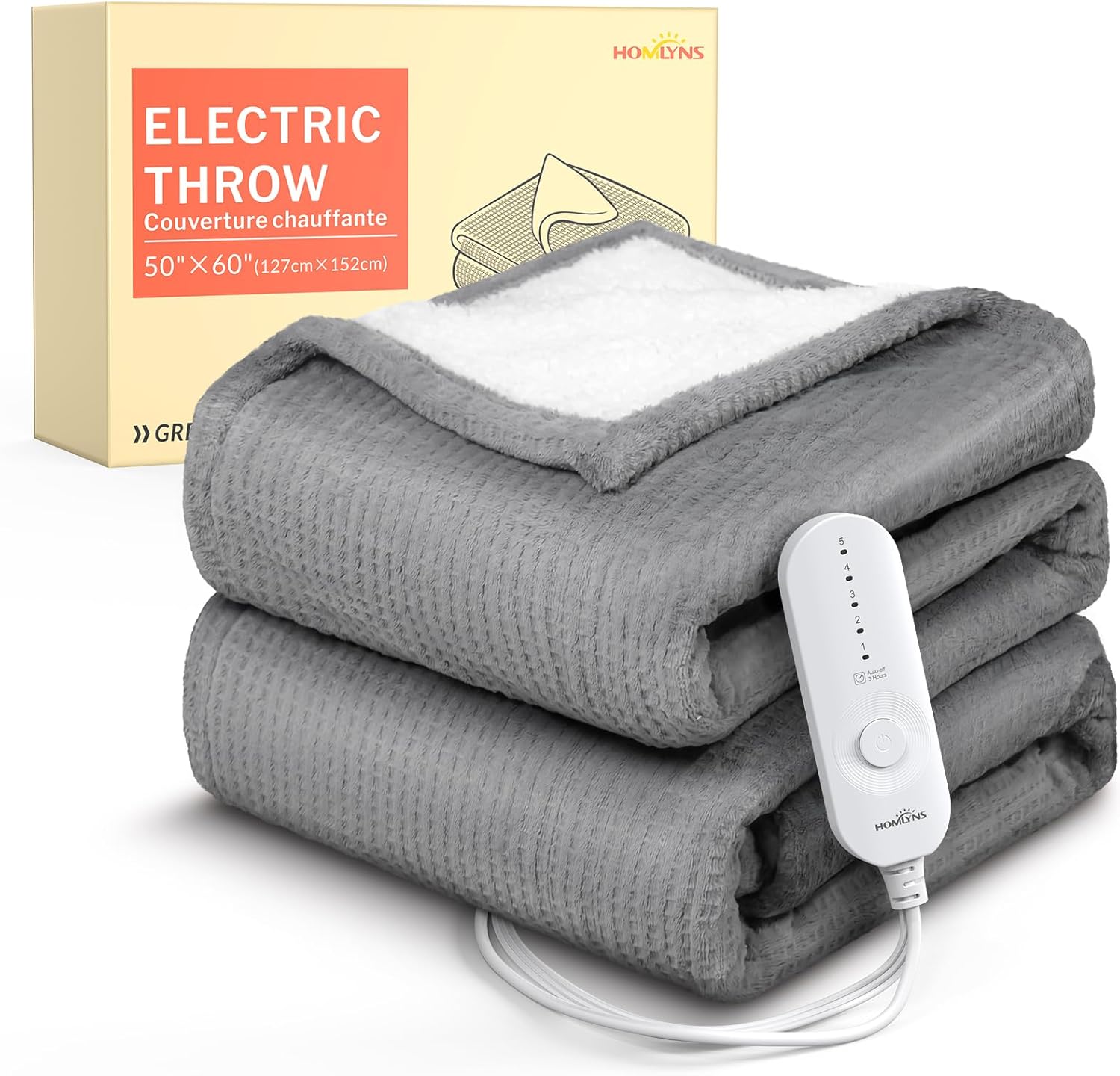 Homlyns LuxeHeat electric heated blanket in grey front view
