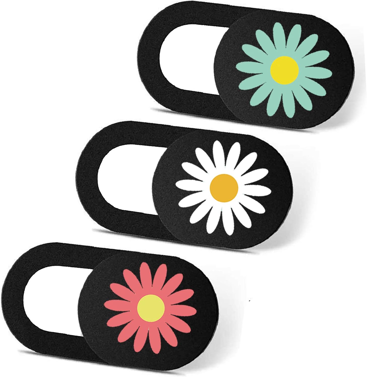 IMNEXT2U laptop camera cover slide front view showing the cute black and white daisy flower design attached to a laptop screen.