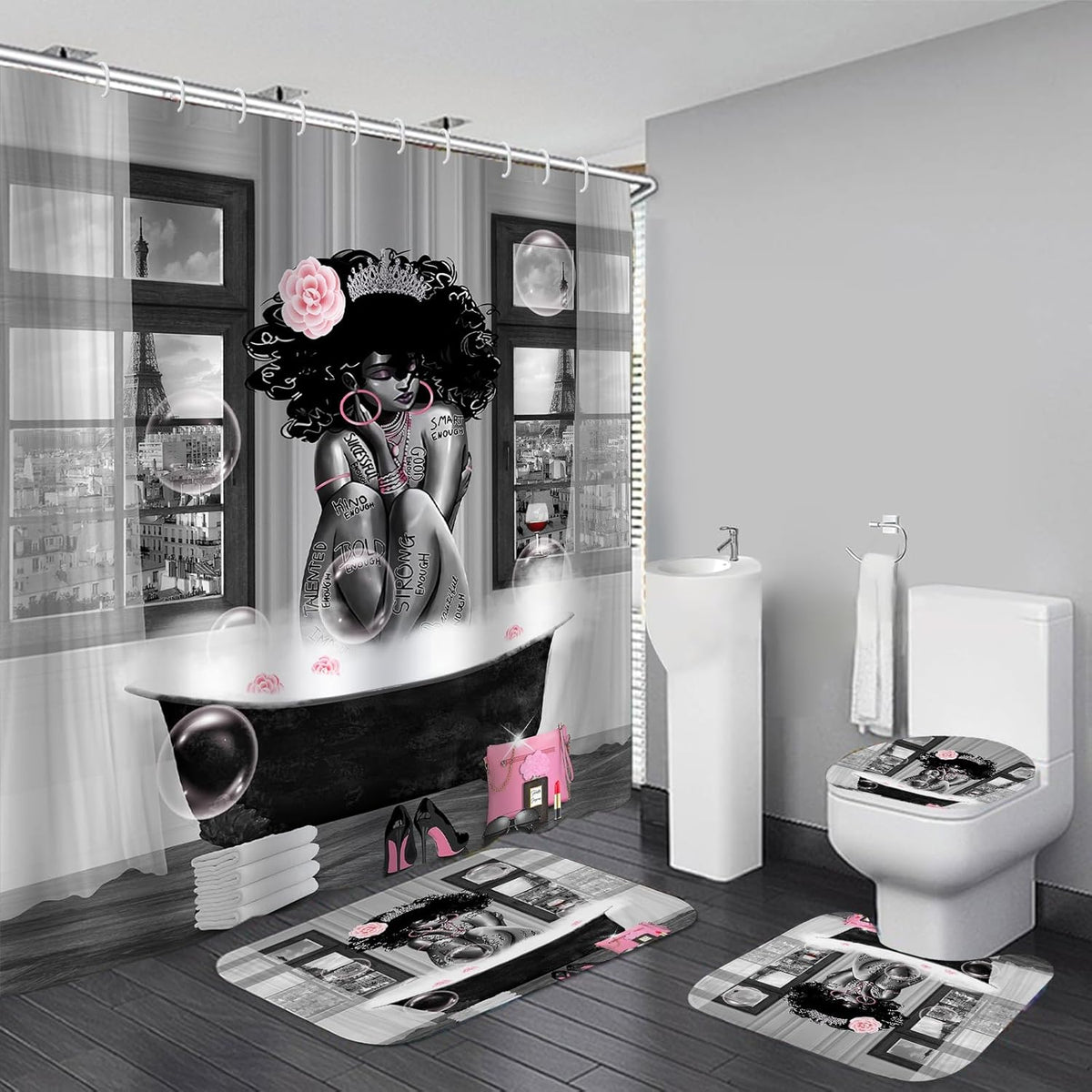 KOKGYM African American shower curtain set front view featuring black girl art print.
