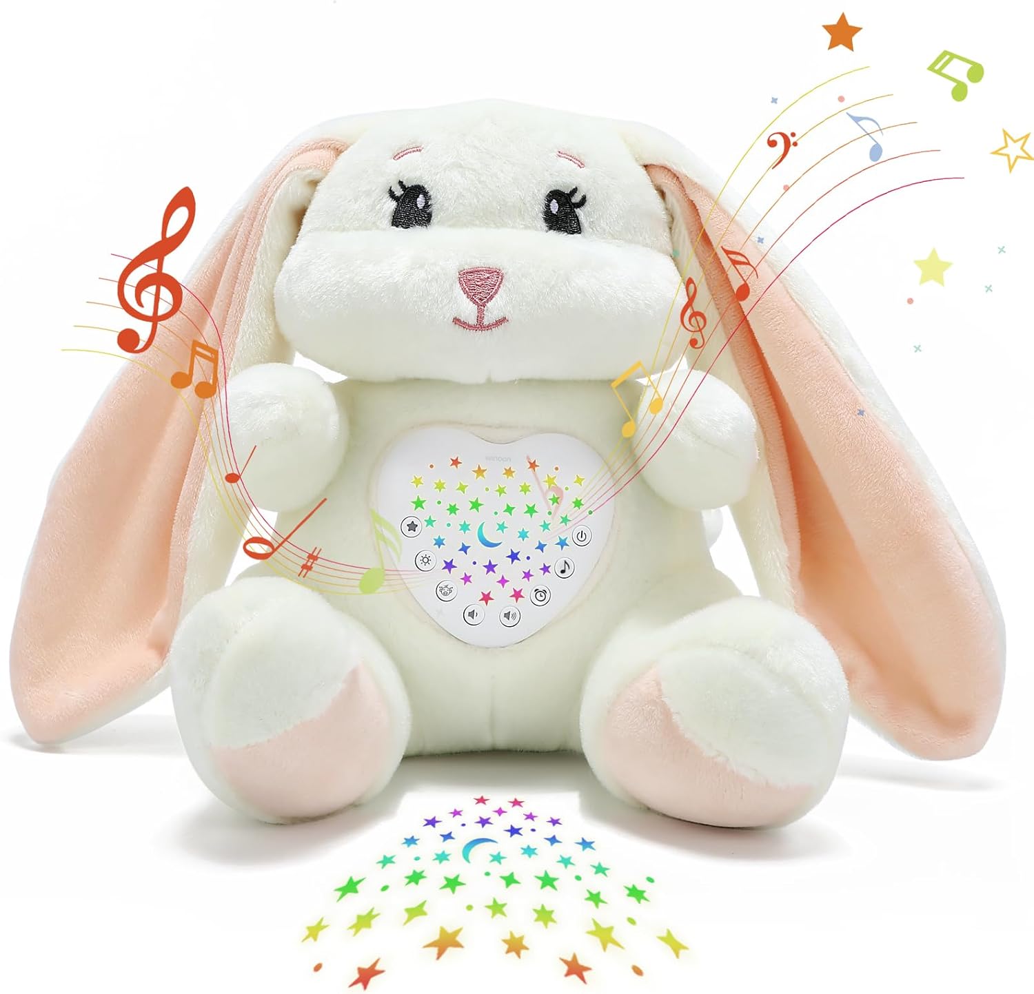 JUHOT Baby Sleep Soother Bedtime Bunny Toy front view showing plush fabric and starlight projector lens.