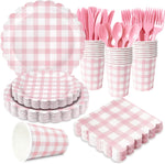 Joy Akkess pink gingham party supplies set with plates and cutlery