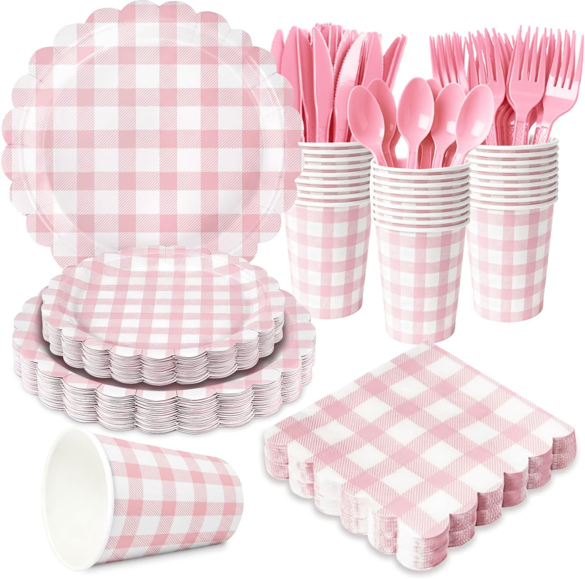 Joy Akkess pink gingham party supplies set with plates and cutlery