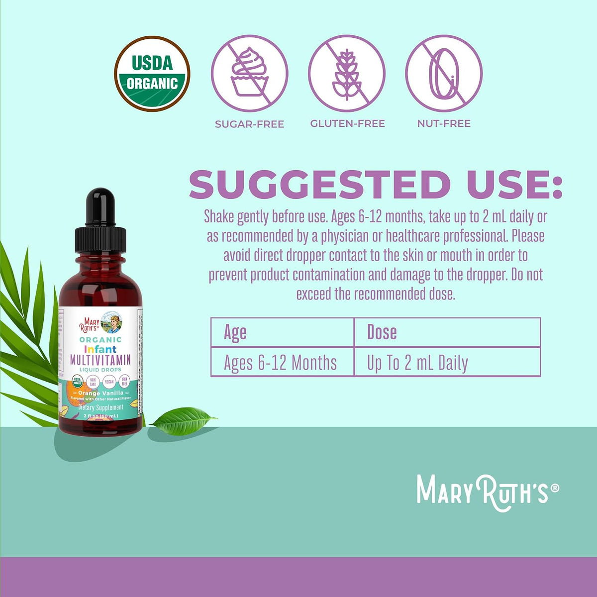MaryRuth's liquid drops bottle with ingredient highlights