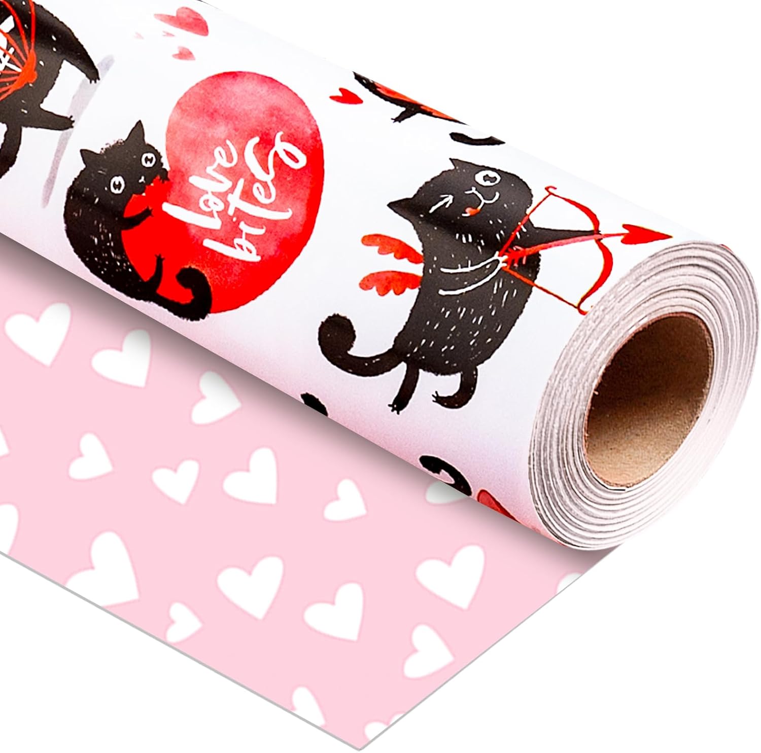 Burymento reversible black cat and heart wrapping paper roll front view