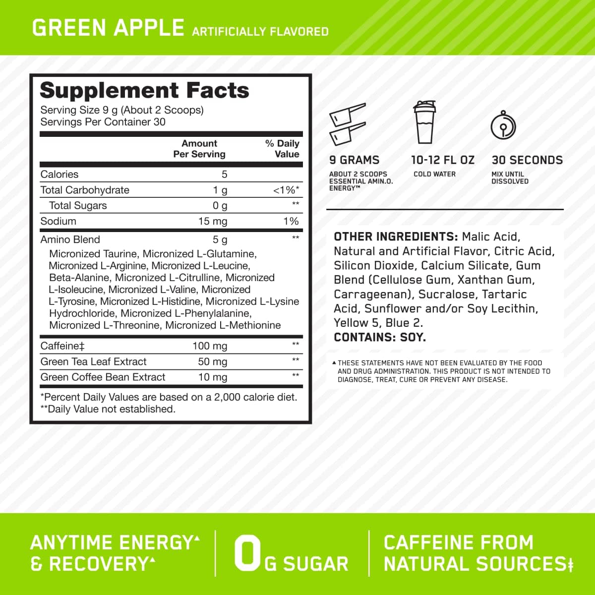 Side view of imported Optimum Nutrition Amino Energy showing the amino acid matrix information.
