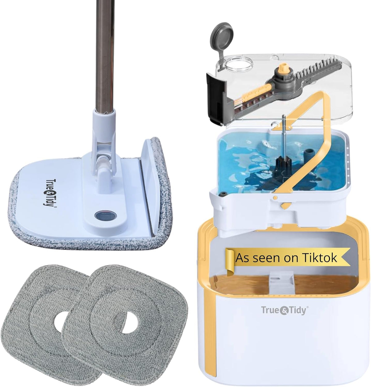 True & Tidy TrueClean Spin Mop 2.0 front view of dual bucket system for floor cleaning.