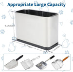 Universal kitty pooper stand holding a metal shovel