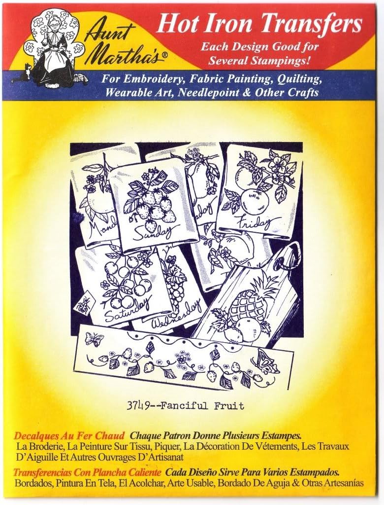 Aunt Martha's hot iron embroidery transfer 3749 fanciful fruit front view packaging
