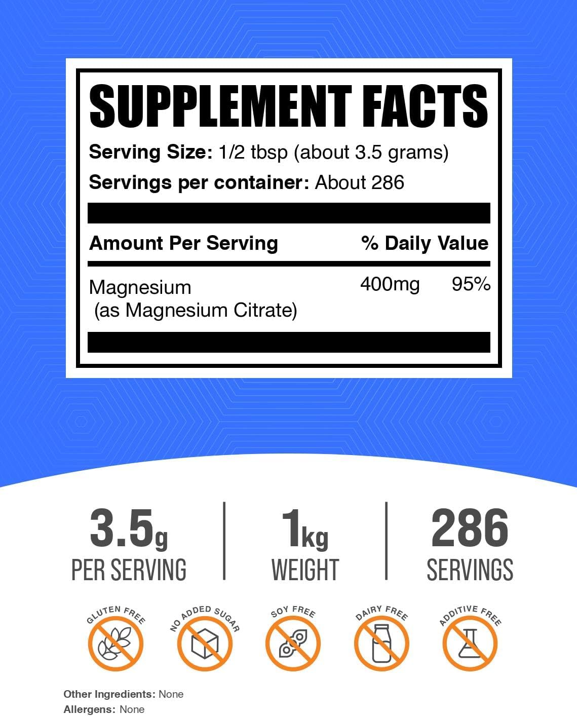 BulkSupplements Magnesium Citrate 1 Kilogram bag nutrition facts and ingredient list