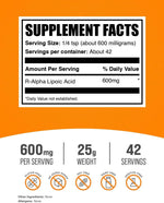 BulkSupplements R-ALA dietary supplement powder pouch with clear ingredient information labels