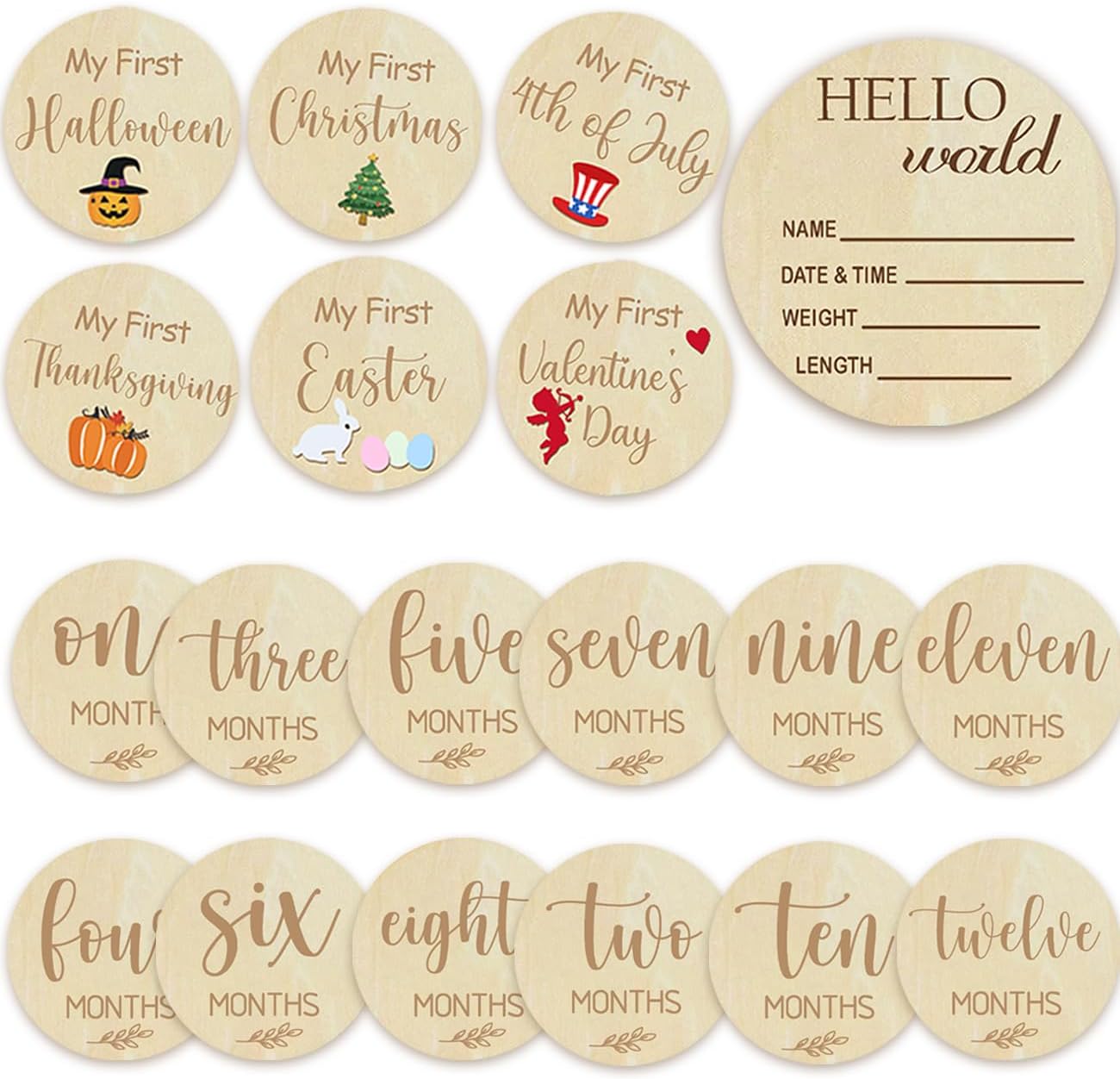 Cephira baby monthly milestone cards front view showing natural wood discs for infant photography