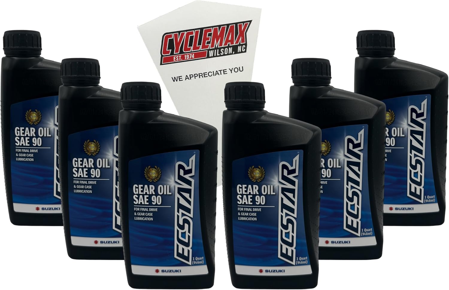 CYCLEMAX Suzuki Ecstar compatible gear oil six pack front view showcasing product bottles and funnel.