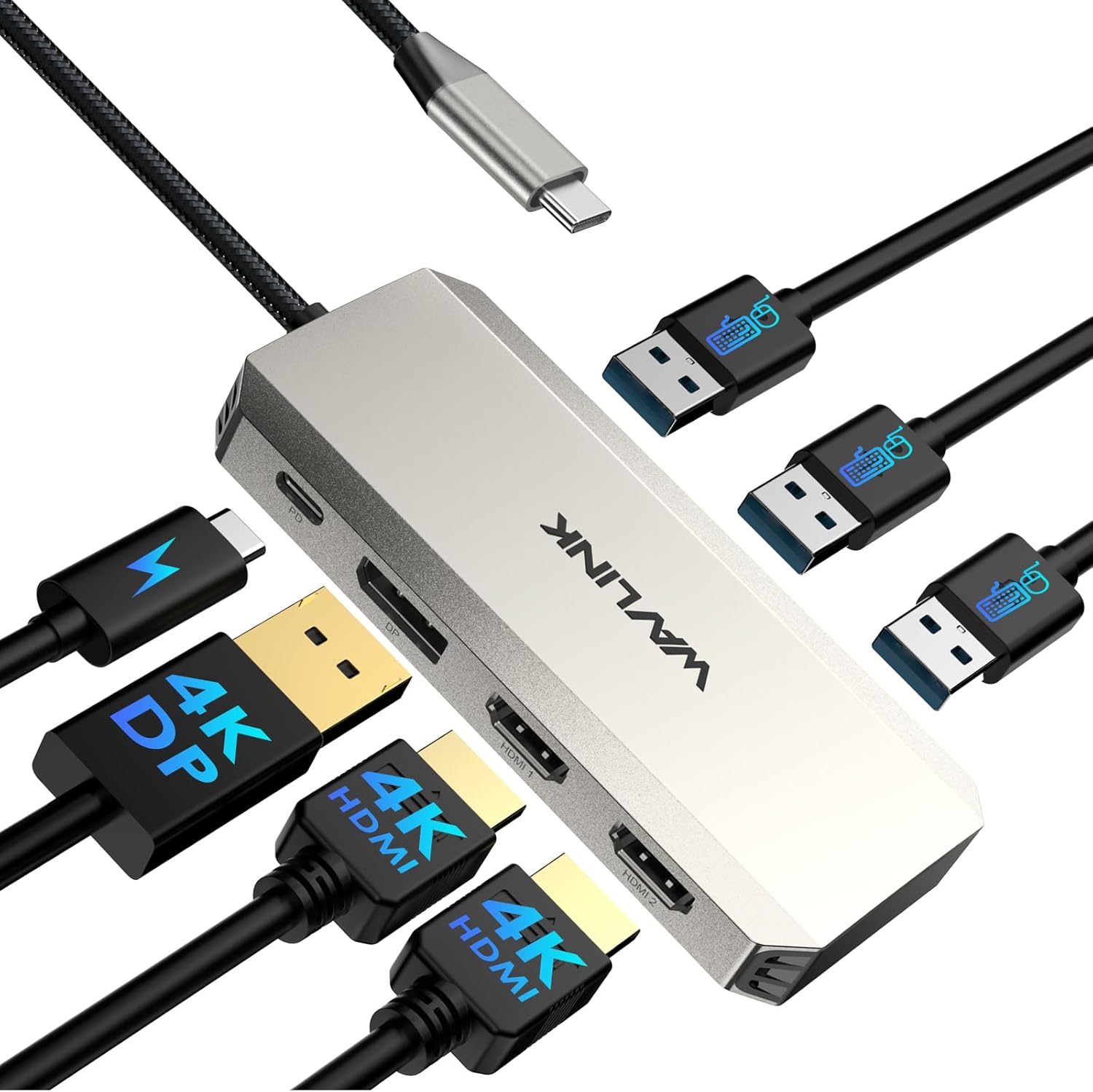 WAVLINK Triple 4K Laptop Docking Station front view showing dual HDMI and DisplayPort connections.