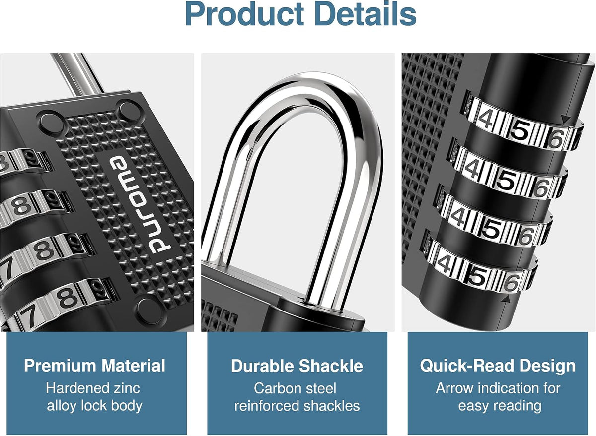 Puroma black combination padlock showing numerical digits