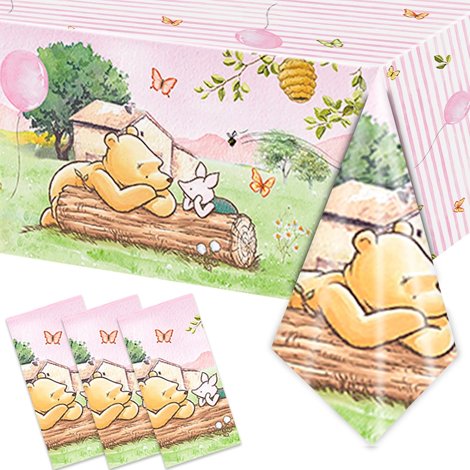 FOLNESH pink classic bear baby shower tablecloths front view showing vintage cartoon design
